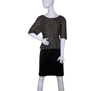 Connected Apparel Peplum Dress Short Sleeve Black Tan Chevron Pattern Size 16